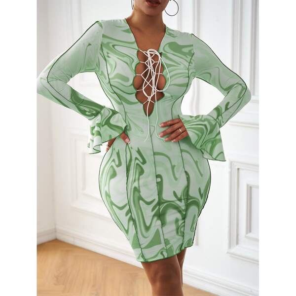 

Marble Print Lace Up Bodycon Dress, Mint green