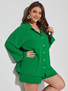 CovetEZ 大碼紋理質感落肩袖襯衫和短褲 - 綠色 - 查看 4