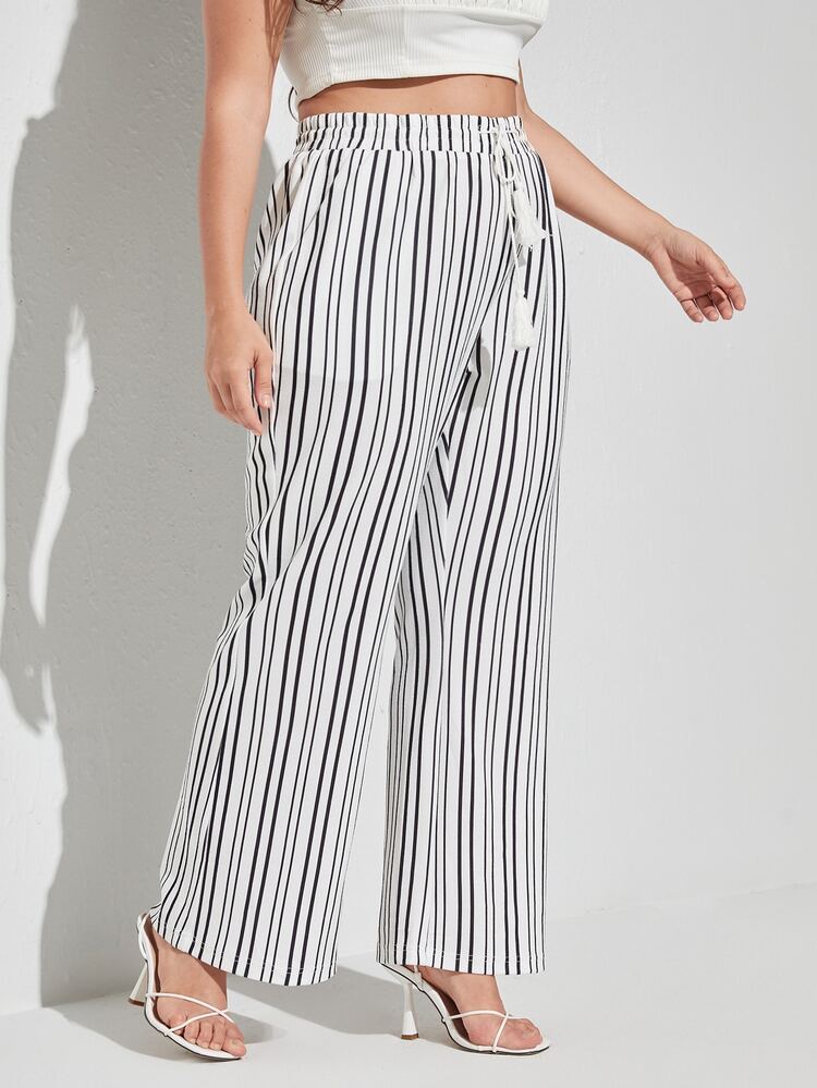 Pantalones de rayas con fleco con cordón - Blanco - Añade 3