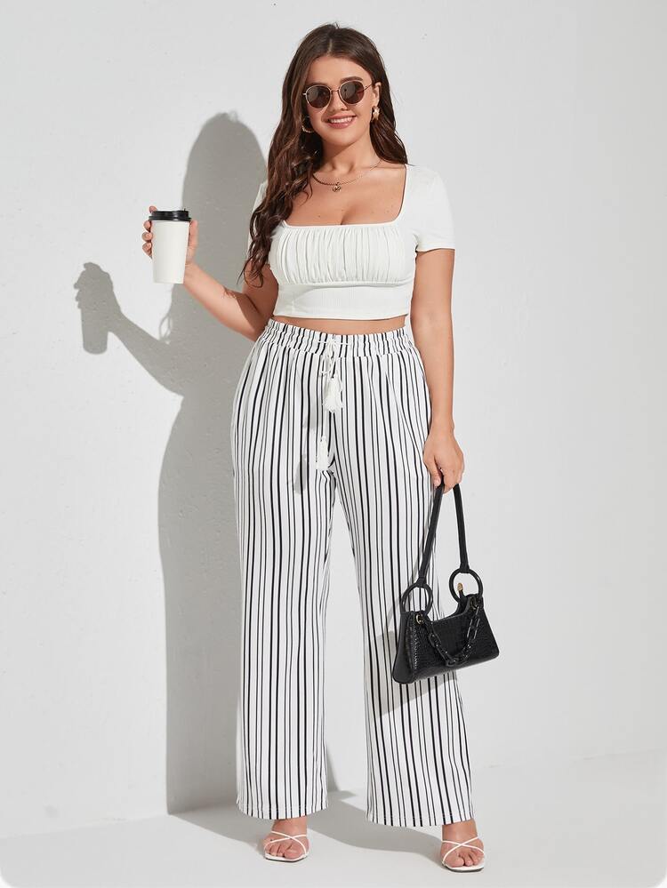 Pantalones de rayas con fleco con cordón - Blanco - Añade 5