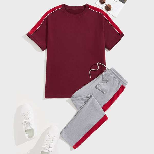 

Men Contrast Side Seam Tee & Drawstring Waist Pants, Multicolor