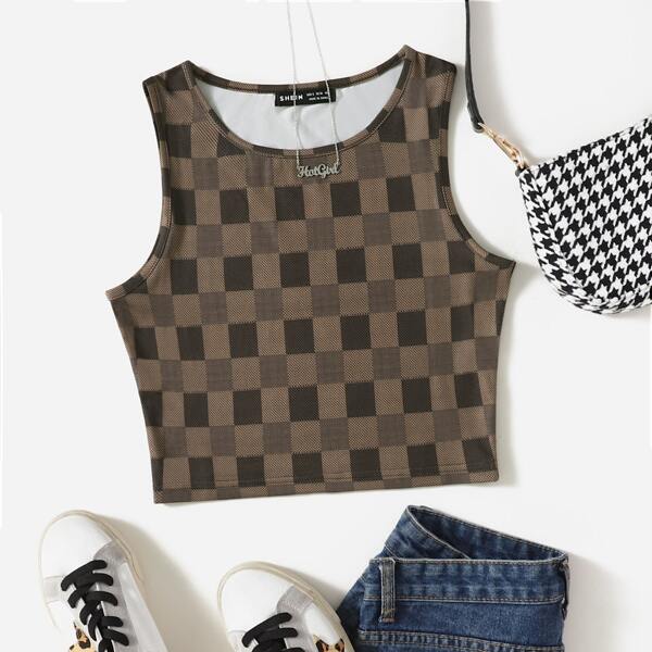 

Crop Checked Tank Top, Mocha brown