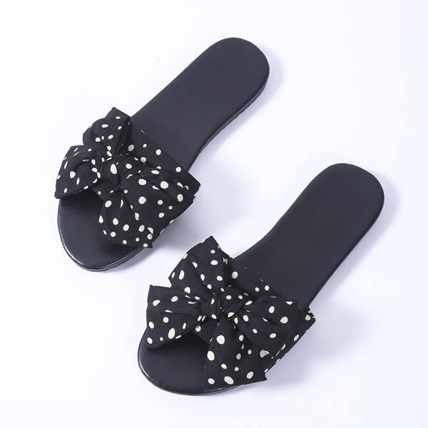 

Polka Dot Bow Decor Slide Sandals, Black