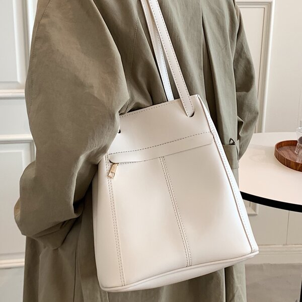 

Minimalist Zip Front Bucket Bag, White