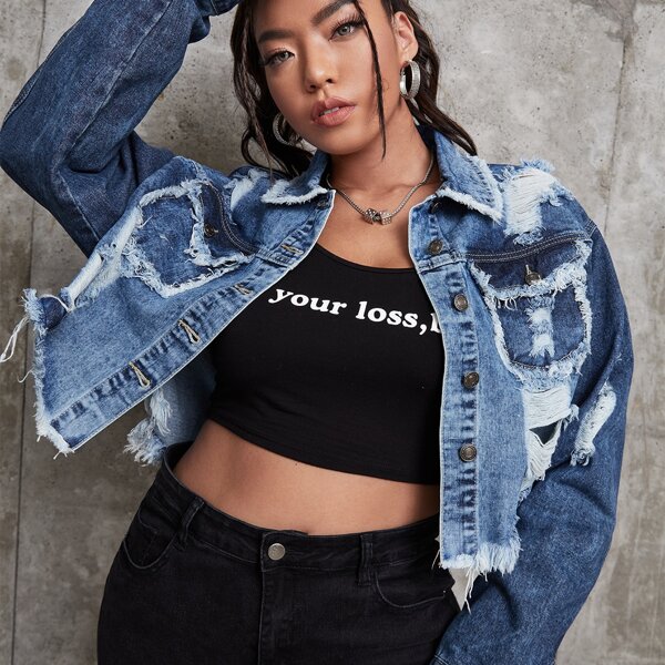 

Plus Ripped Raw Cut Crop Denim Jacket, Medium wash