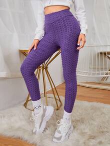 SHEIN SXY Solid Textured High Waist Leggings - Purple - View 2