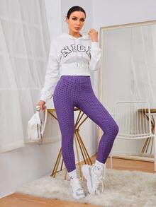 SHEIN SXY Solid Textured High Waist Leggings - Purple - View 5