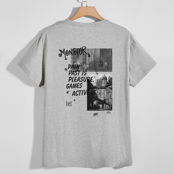 

Men Letter Graphic Round Neck Tee, Grey