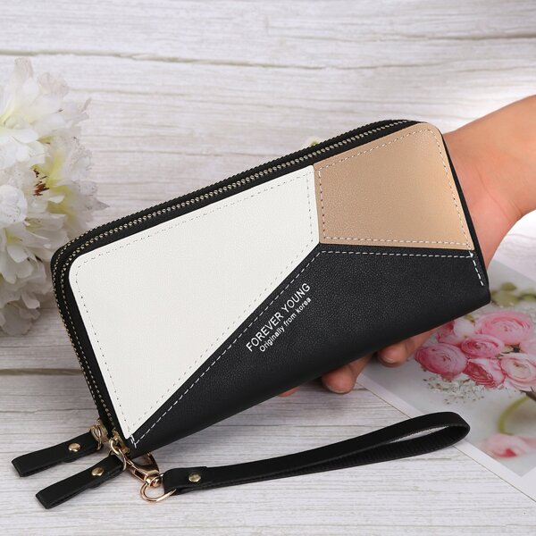 

Girls Colorblock Double Zipper Long Wallet, Multicolor