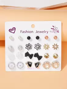 12 đôi bông tai đính hoa và nơ - Nhiều màu - Xem 1