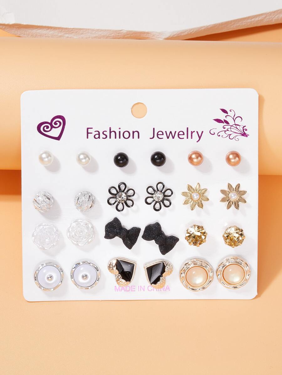 12 đôi bông tai đính hoa và nơ - Nhiều màu - Xem 1