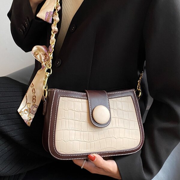 

Two Tone Croc Embossed Square Chain Bag, Beige