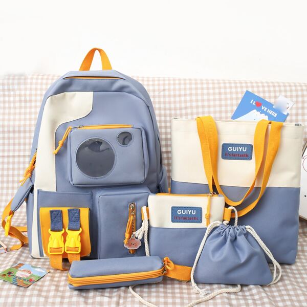 

5pcs Kids Colorblock Buckle Decor Backpack Set, Blue