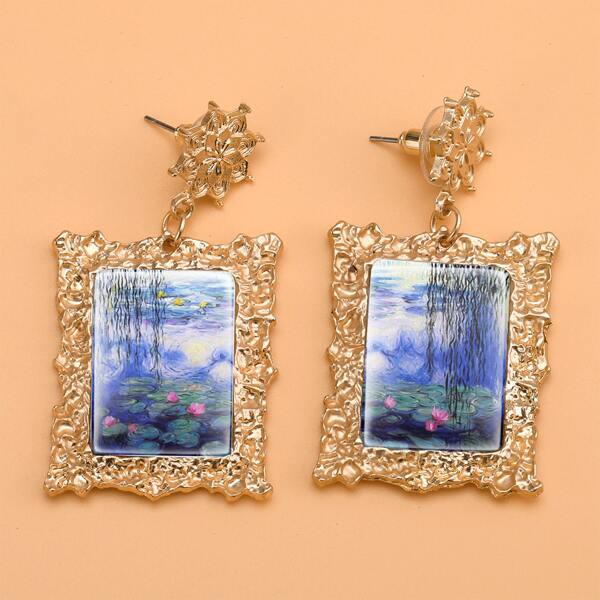 

Floral Print Geo Drop Earrings, Multicolor