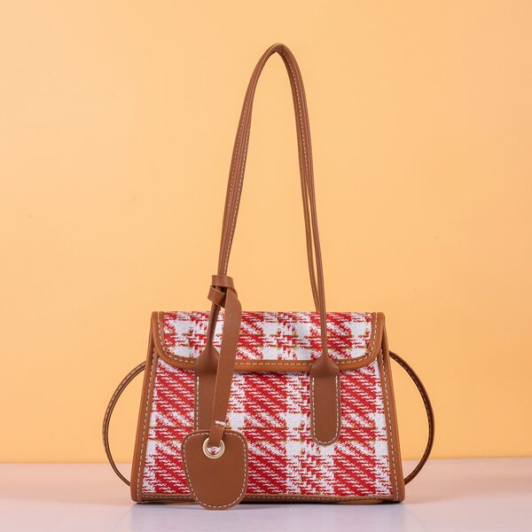 

Plaid Pattern Flap Square Bag, Red
