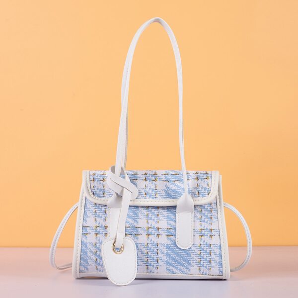 

Plaid Pattern Flap Square Bag, Blue and white