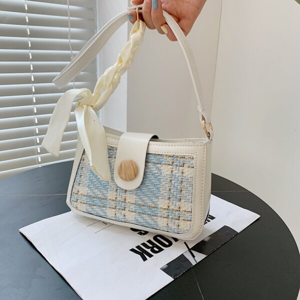 

Scarf Decor Plaid Shoulder Bag, Beige