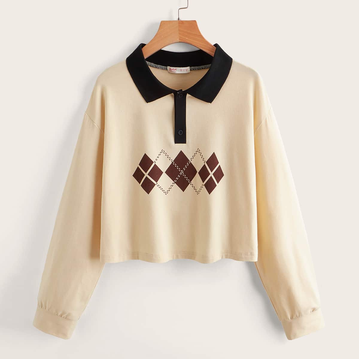 

Argyle Pattern Contrast Collar Crop Tee, Apricot
