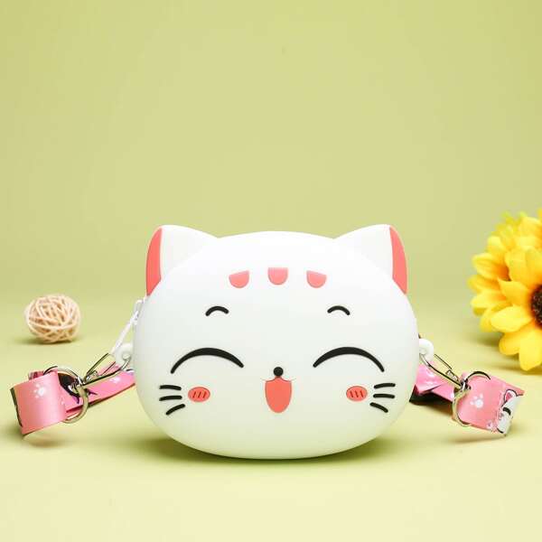 

Girls Cartoon Cat Design Crossbody Bag, White
