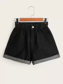 Elasticized High-Rise Denim Shorts - Dark Grey - View 1
