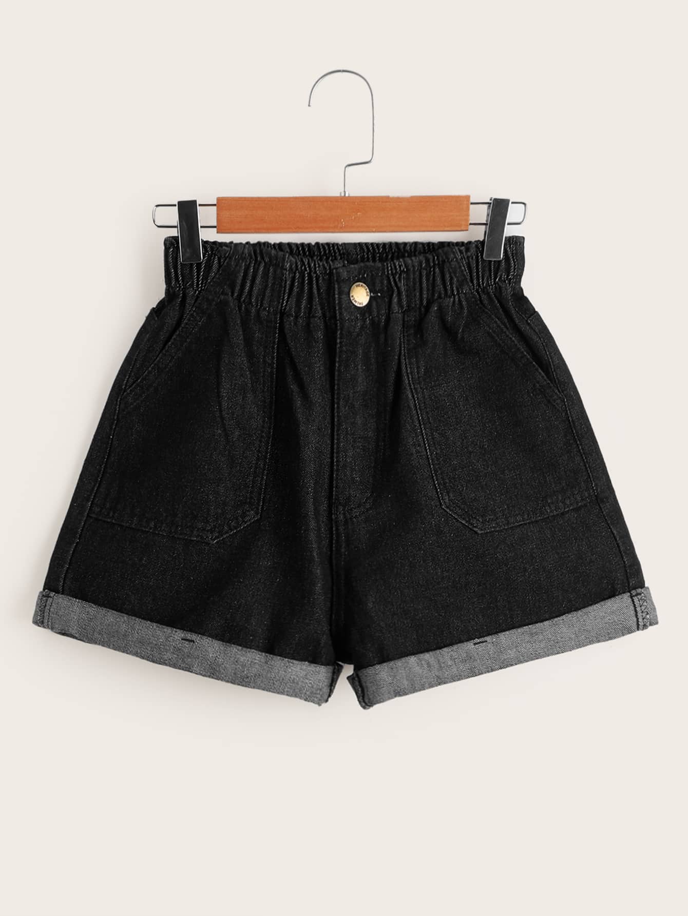 Elasticized High-Rise Denim Shorts - Dark Grey - View 1