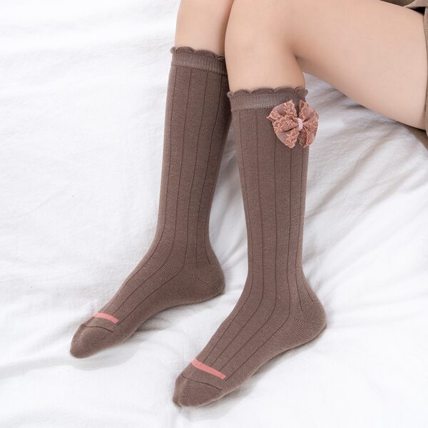 

Girls Bow Knot Decor Over The Calf Socks, Brown