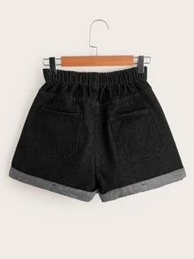 Elasticized High-Rise Denim Shorts - Dark Grey - View 2