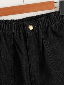 Elasticized High-Rise Denim Shorts - Dark Grey - View 3