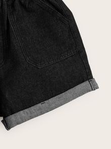 Elasticized High-Rise Denim Shorts - Dark Grey - View 4