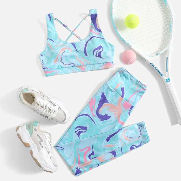 

Graphic Print Criss Cross Back Sports Set, Blue