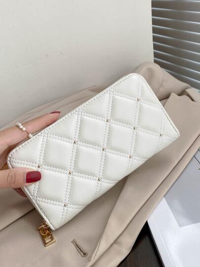 Quilted Embossed Studded Detail Slim Portable Cash White-Collar Workers For Female College Work Business Commute Office For Anniversary For Couple For Birthday Gift On Valentine Day Gift Gift For Women Wallet Purse Wallet Long Wallet
