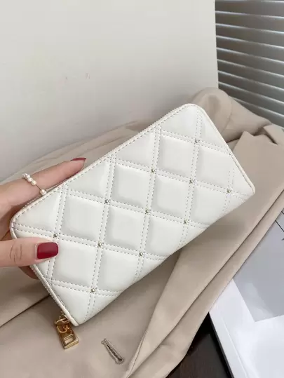 Portefeuille matelassé, embossé, à détail clouté, fin et portable pour travailleuses de bureau, cadeau d'anniversaire, Saint-Valentin, cadeau pour femme