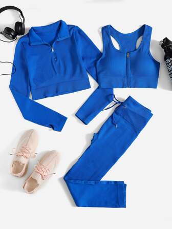 3 قطع من مجموعة ملابس رياضية مطاطية ذات شد عالي, تشمل: جاكيت مزودة بسوستة، و حمالة صدر،وسترة ، وبنطلون ليكجنز