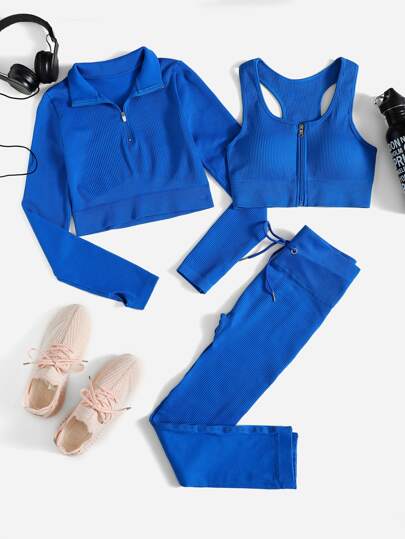 3 قطع من مجموعة ملابس رياضية مطاطية ذات شد عالي, تشمل: جاكيت مزودة بسوستة، و حمالة صدر،وسترة ، وبنطلون ليكجنز