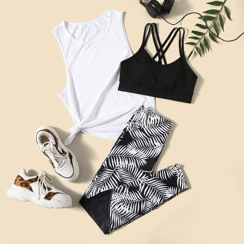 

3pcs Tropical Print Sports Set, Black and white
