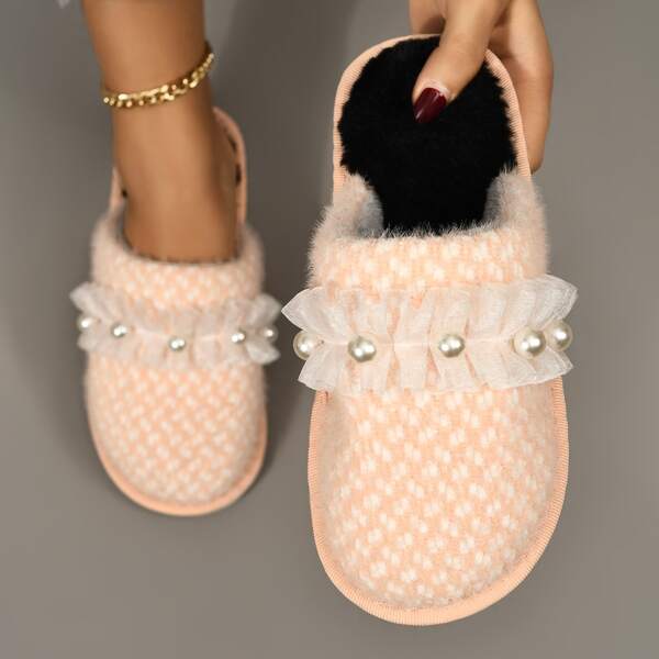 

Faux Pearl & Ruffle Decor Bedroom Slippers, Pink