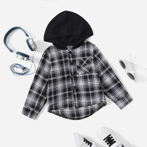 

Toddler Boys Tartan Plaid Hooded Shirt, Black and white