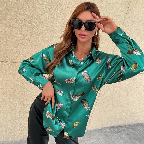

Drop Shoulder Feather Print Blouse, Green
