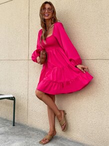 Đầm Dải chun màu trơn Thanh lịch - Màu Hồng Tươi - Xem 5