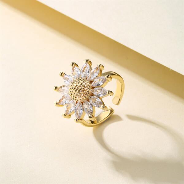 

18K Gold Plated Zircon Flower Cuff Ring