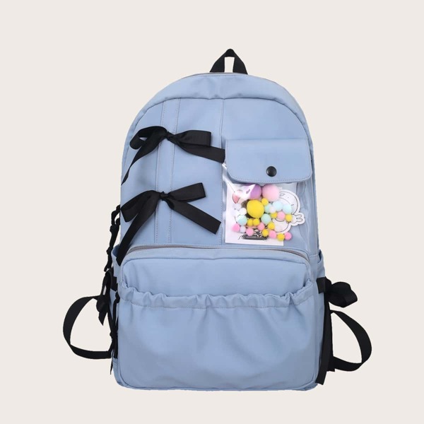 

Girls Bow & Pom-Pom Decor Backpack, Blue