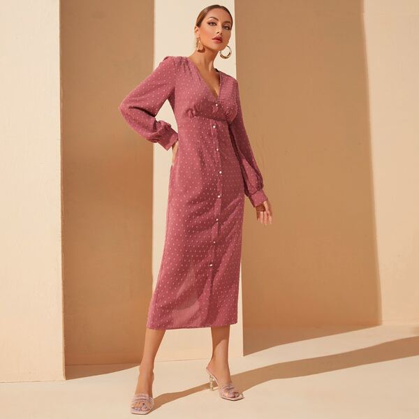 

Swiss Dot Plunging Neck Single Breasted Split Back Dress, Rusty rose