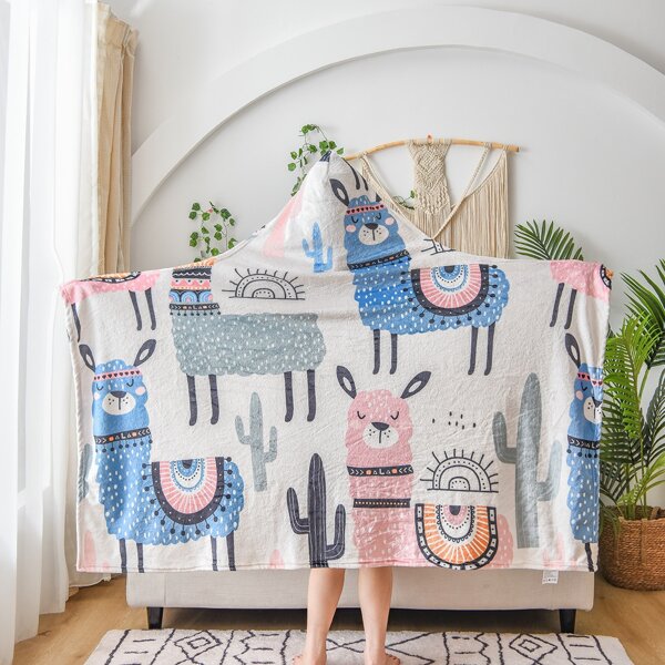 

Cartoon Alpaca Print Flannel Blanket, Multicolor