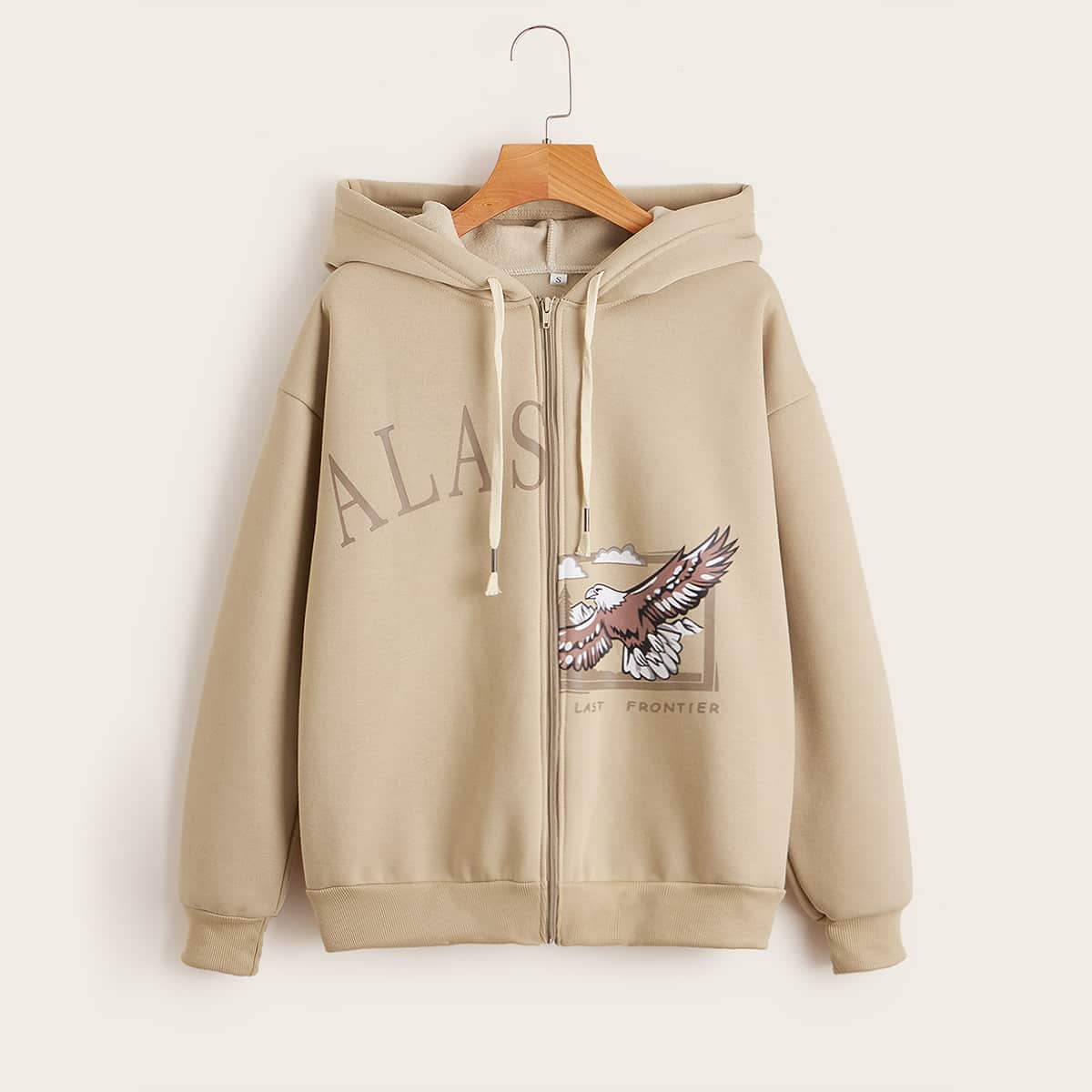 

Letter And Eagle Print Zip Up Hoodie, Khaki