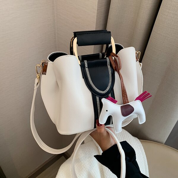 

Two Tone Doll Decor Bucket Bag, Black and white