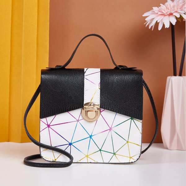 

Geometric Graphic Push Lock Satchel Bag, Black and white