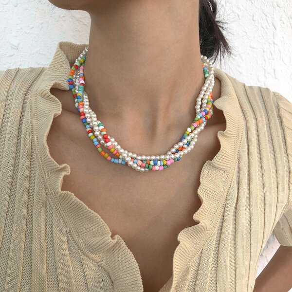

Faux Pearl Beaded Layered Necklace, Multicolor