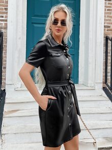 Flap Pocket Belted PU Leather Dress