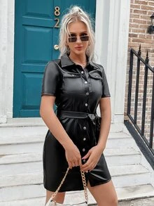 Flap Pocket Belted PU Leather Dress