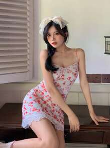 Allover Floral Contrast Lace Bustier Cami Dress - Multicolor - View 1